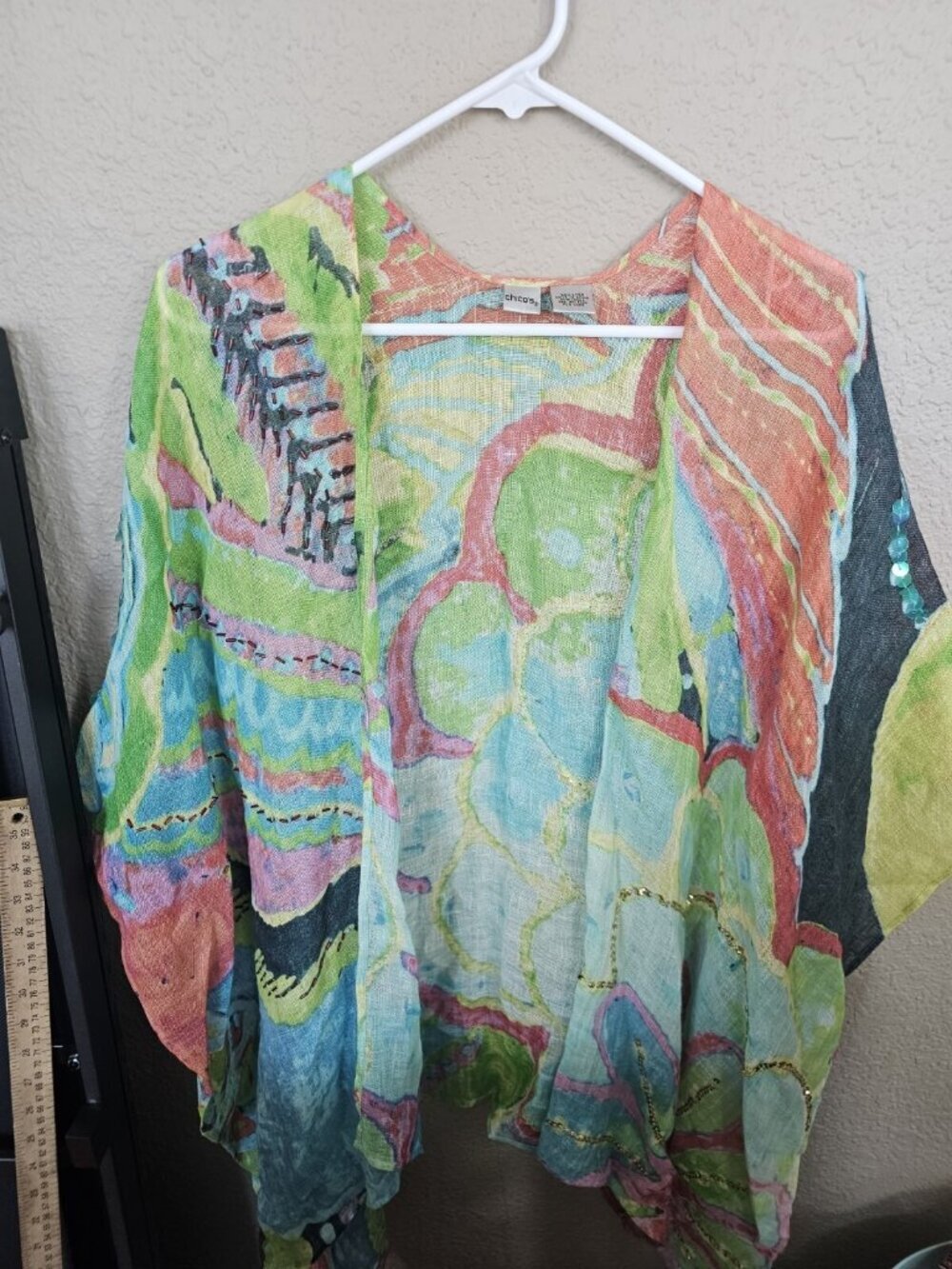 Chico's 100% Linen Colorful Floral Shaw Cardigan Open Front Women's One Size